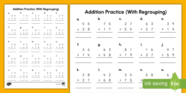2 Digit by 2 Digit Addition with Regrouping Worksheet