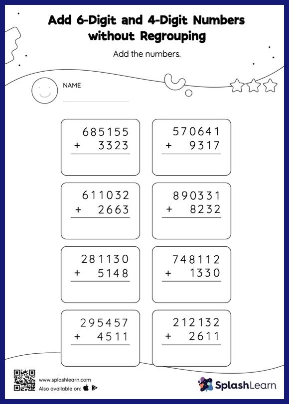 Add 6-Digit and 4-Digit Numbers without Regrouping: Vertical ...