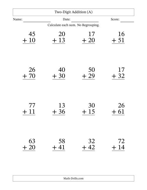Two-Digit Addition With No Regrouping - 16 Questions - Large Print (A)