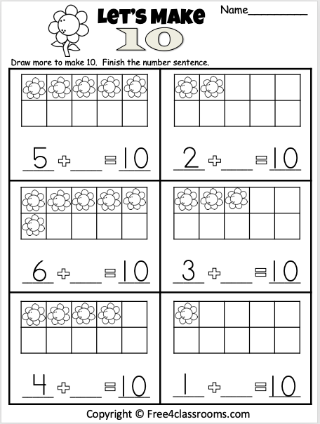 Free Addition Worksheet - 10 Frame - Free Worksheets - Free4Classrooms