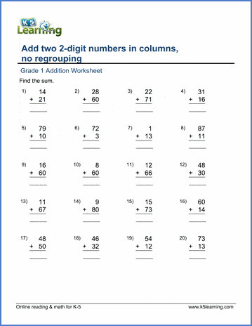 Grade 1 addition worksheets - Adding two 2-digit numbers in ...
