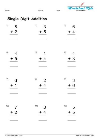 Single digit addition worksheets for 1st grade - Free printable PDF