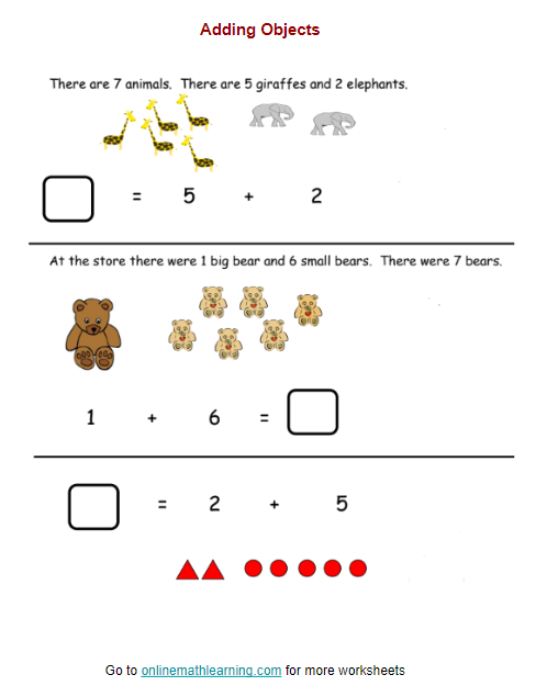 Add Objects Worksheets (kindergarten, printable)
