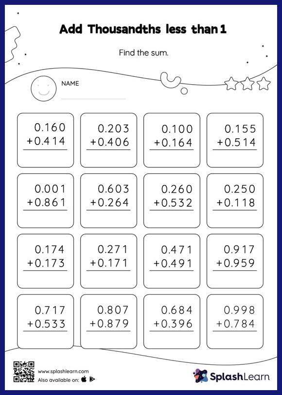 Add Thousandths less than 1: Vertical Addition - Math Worksheets ...