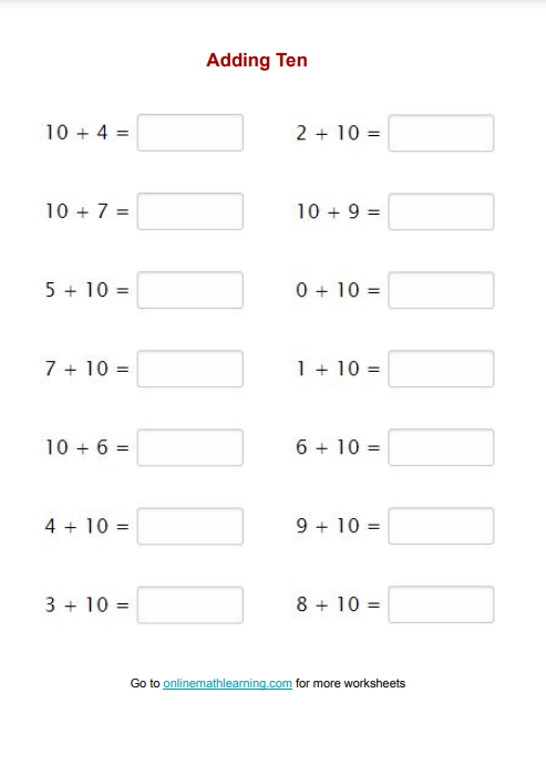 Adding Ten Worksheets (First Grade, printable)