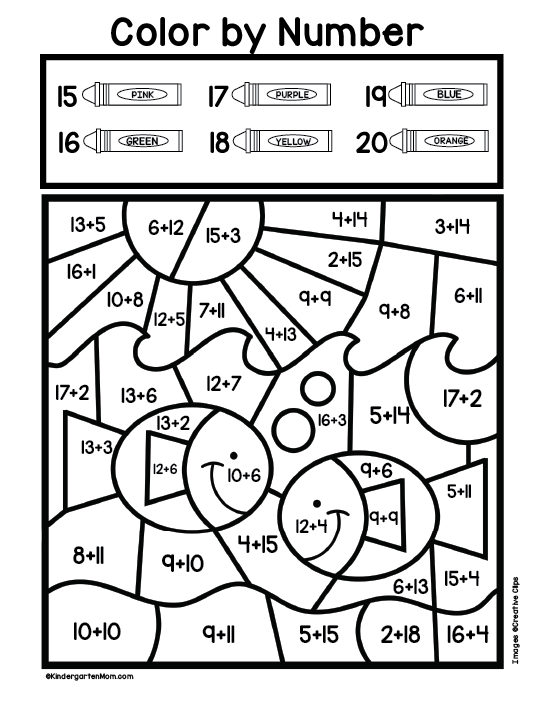 addition and subtraction coloring worksheet for kindergarten
