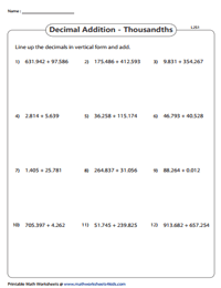 Line Up and Add | Decimal Worksheets