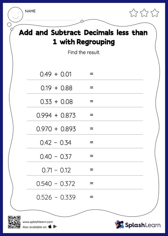 Add and Subtract Decimals less than 1 with Regrouping: Horizontal ...