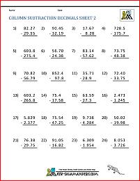 addition and subtraction decimal worksheet