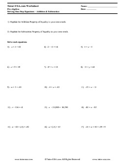 Worksheet: Solving One-Step Equations using Addition and ...