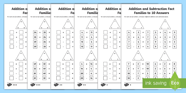 addition and subtraction fact worksheet to 10
