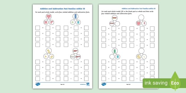 addition and subtraction fact worksheet to 10