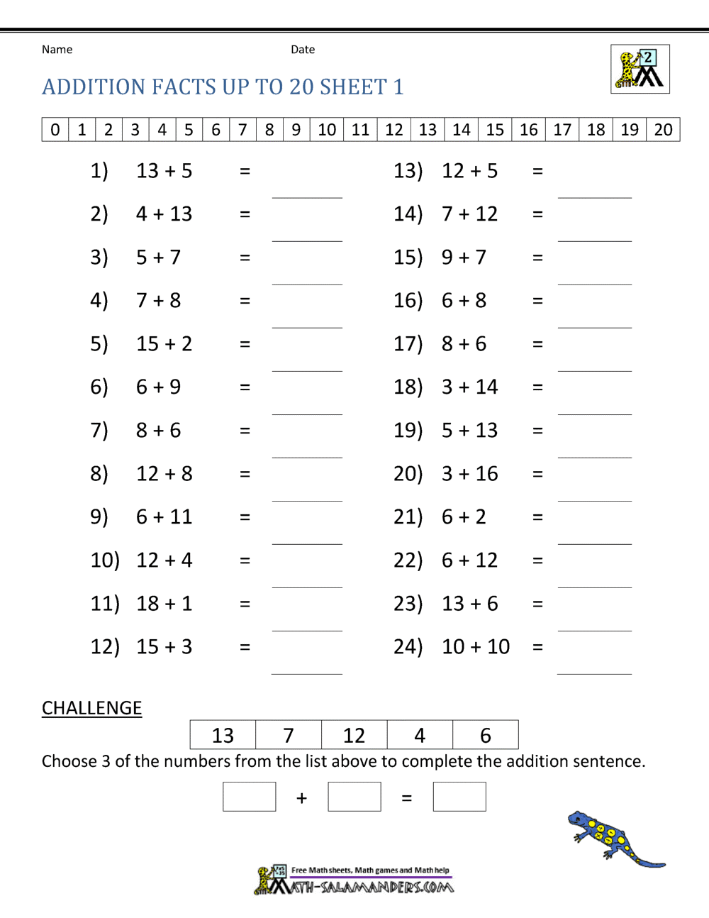 Math Addition Facts to 20