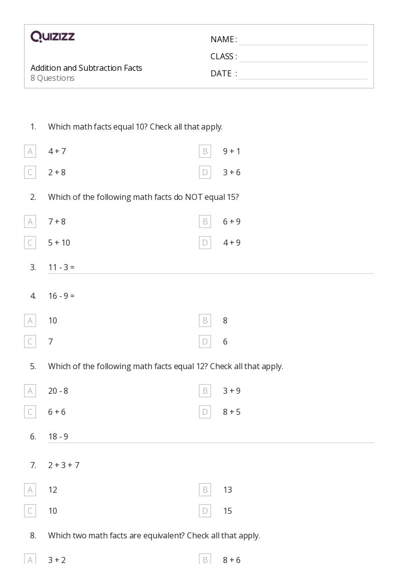 addition and subtraction facts worksheet