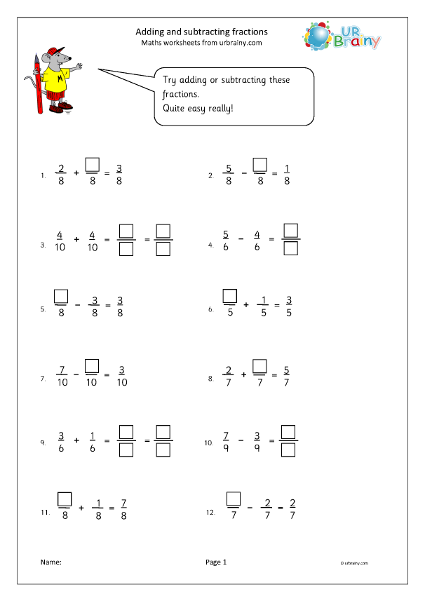 addition and subtraction fraction worksheet