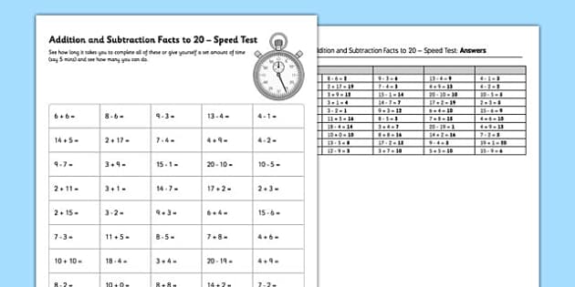 Addition and Subtraction Facts to 20: 50 Question Speed Test