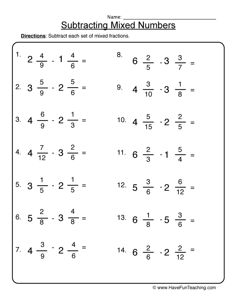 Subtracting Mixed Numbers Worksheet  
