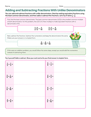 addition and subtraction of fractions with unlike denominators worksheet