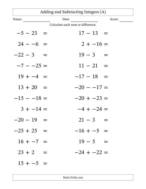 addition and subtraction of integers worksheet
