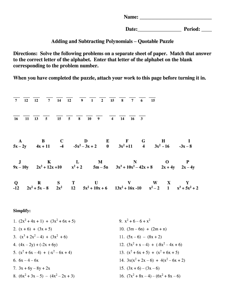 addition and subtraction of polynomials worksheet