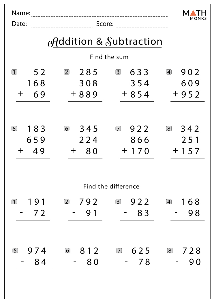 4th Grade Addition and Subtraction Worksheets with Answer Key