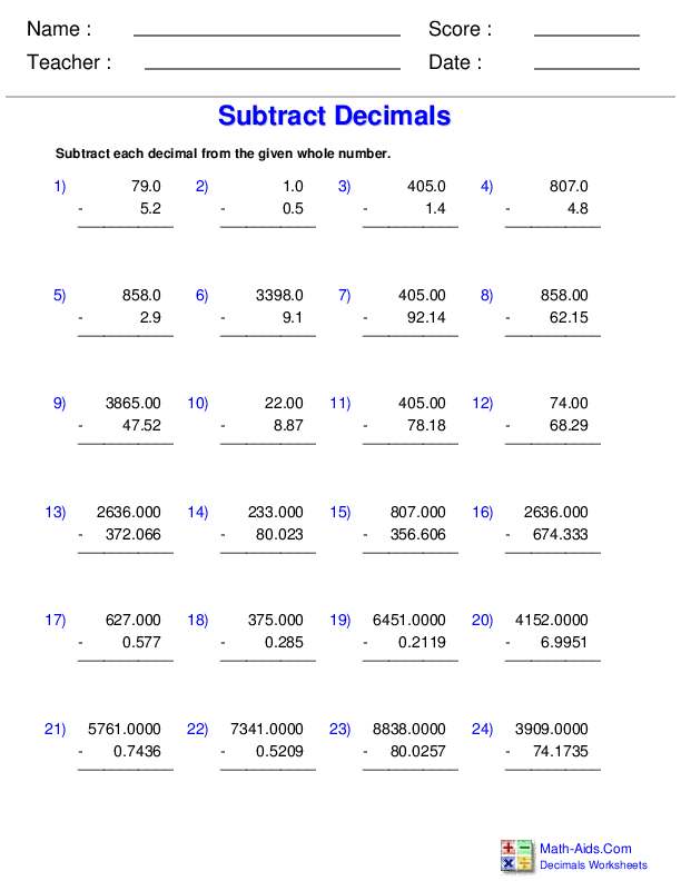 Decimals Worksheets | Dynamically Created Decimal Worksheets