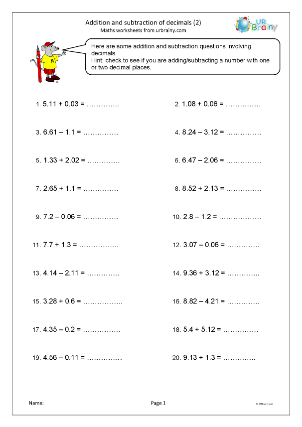 addition and subtraction with decimals worksheet free
