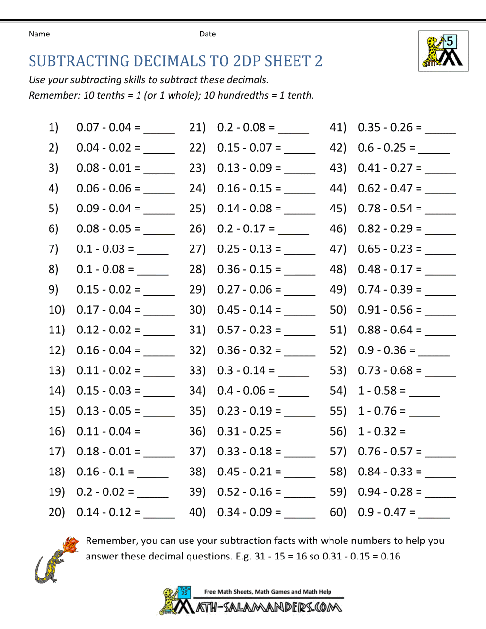 addition and subtraction with decimals worksheet free