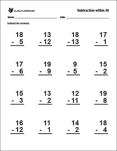 addition and subtraction within 20 worksheet
