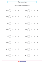 addition and subtraction within 20 worksheet