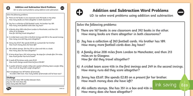 Addition and Subtraction Word Problems Year 3 - Maths