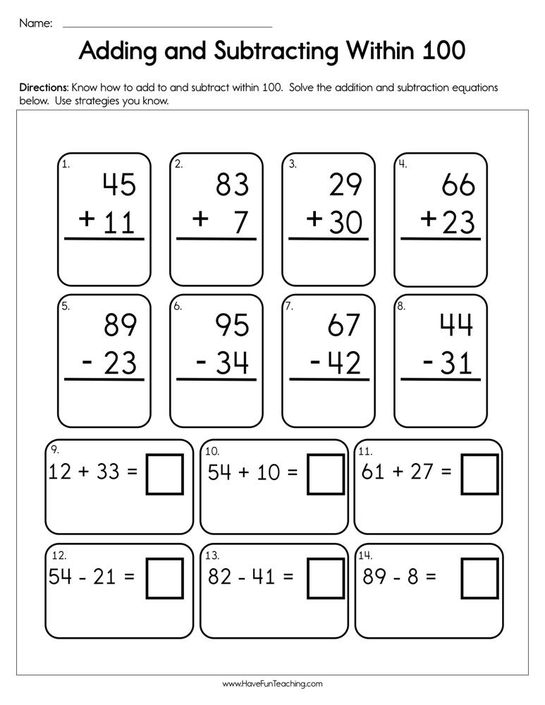 addition and subtraction worksheet 100
