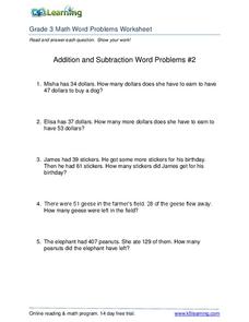 Addition and Subtraction Word Problems #2 Worksheet for 3rd Grade ...