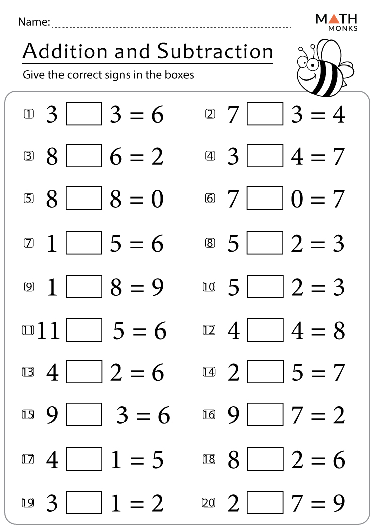 addition and subtraction worksheet for first grade