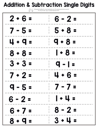 Single Digit Addition and Subtraction Worksheet - Itsy Bitsy Fun