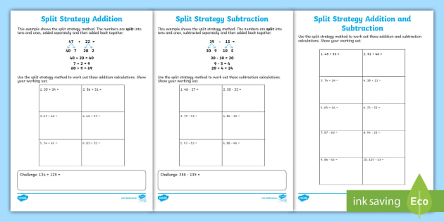 Split Strategy Addition and Subtraction Worksheets - Twinkl