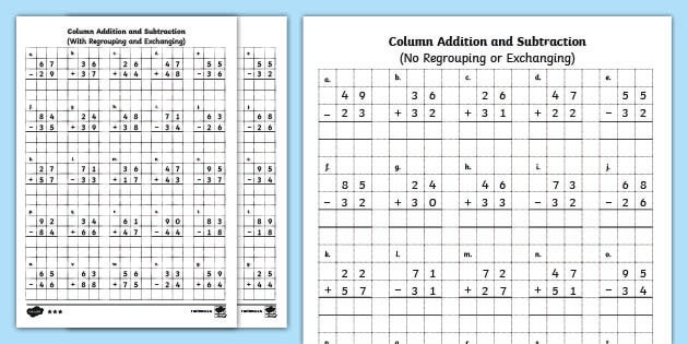 2-Digit Column Addition and Subtraction Worksheet Worksheet