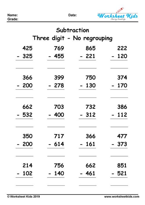 3 Digit Subtraction Without Regrouping Worksheets - Free printable PDF