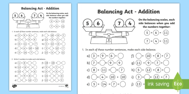KS1 Balancing Act Addition Worksheet / Worksheet - Twinkl
