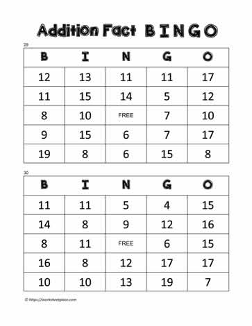 addition bingo worksheet