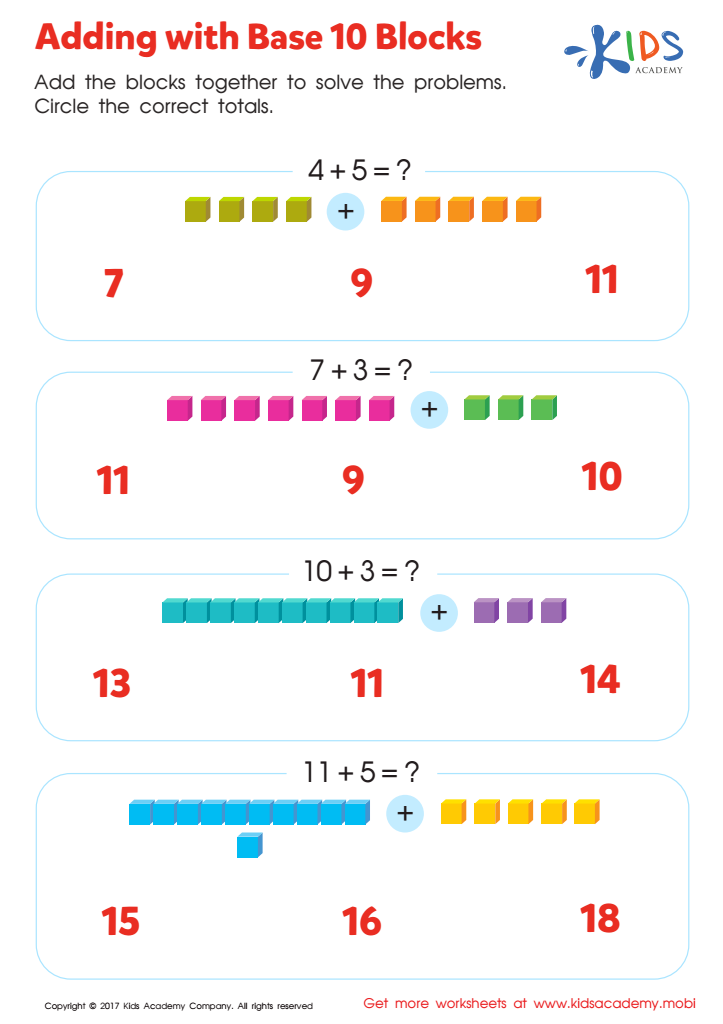 Adding with Base Ten Blocks Worksheet: Free Printable PDF for Kids