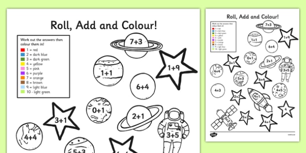 Space Add and Colour Addition Worksheet / Worksheet - Twinkl