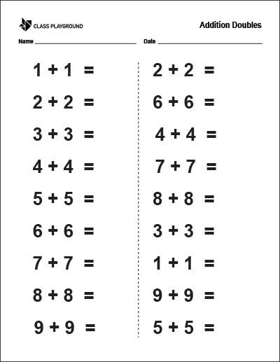 Printable Addition Doubles Worksheet - Class Playground