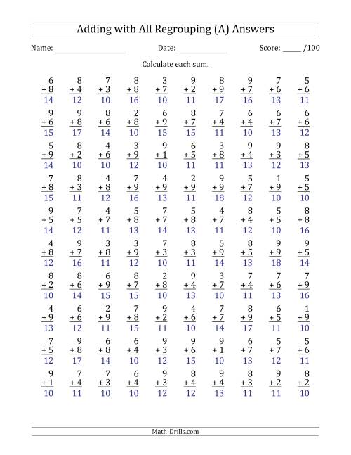 addition drill worksheet 100