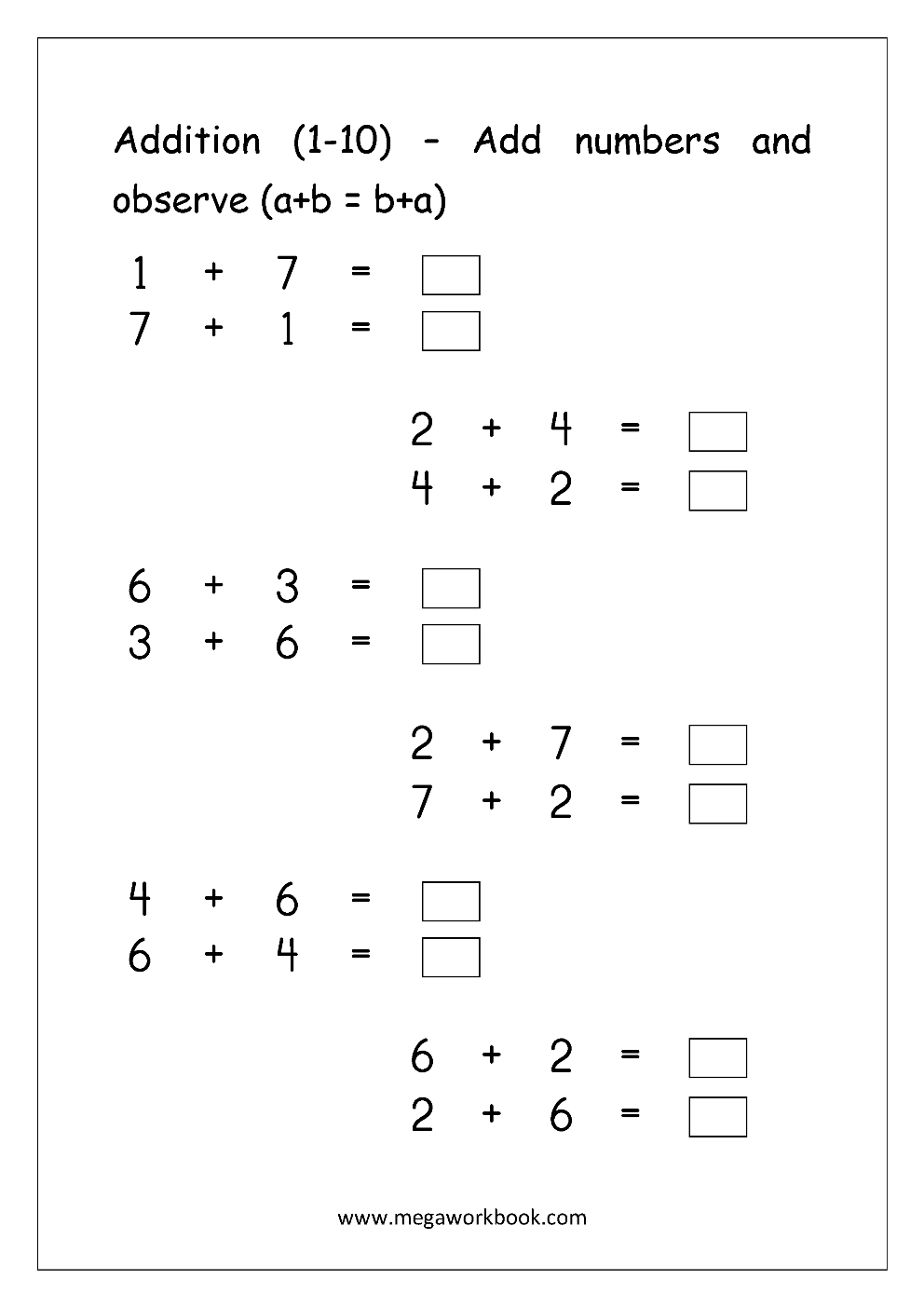 addition drill worksheet for kindergarten