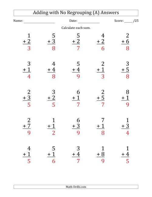 25 Single-Digit Addition Questions with No Regrouping (A)