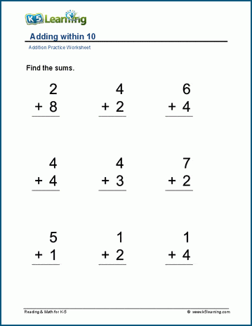 Sums of 10 or less worksheets | Worsheets library