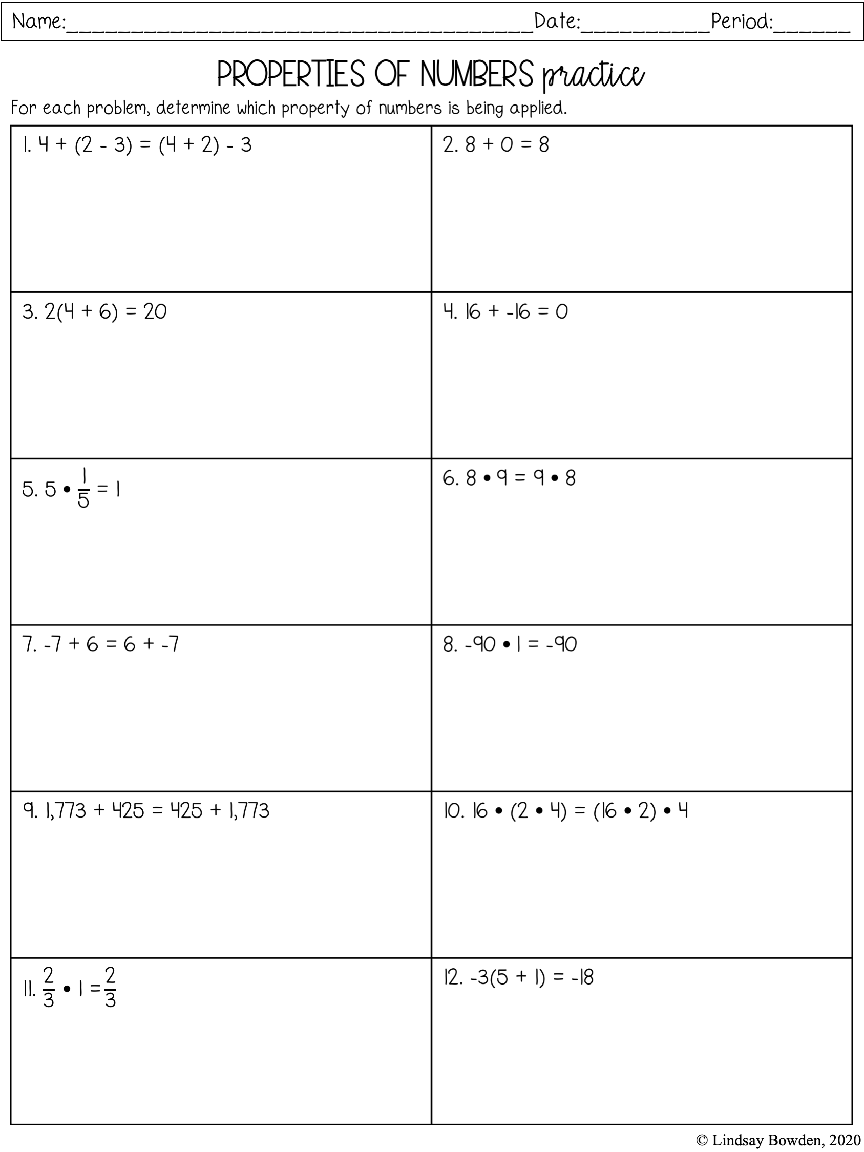 Properties of Numbers &  Equality Notes and Worksheets - Lindsay Bowden