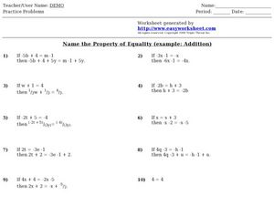 Addition Property of Equality Lesson Plans &  Worksheets