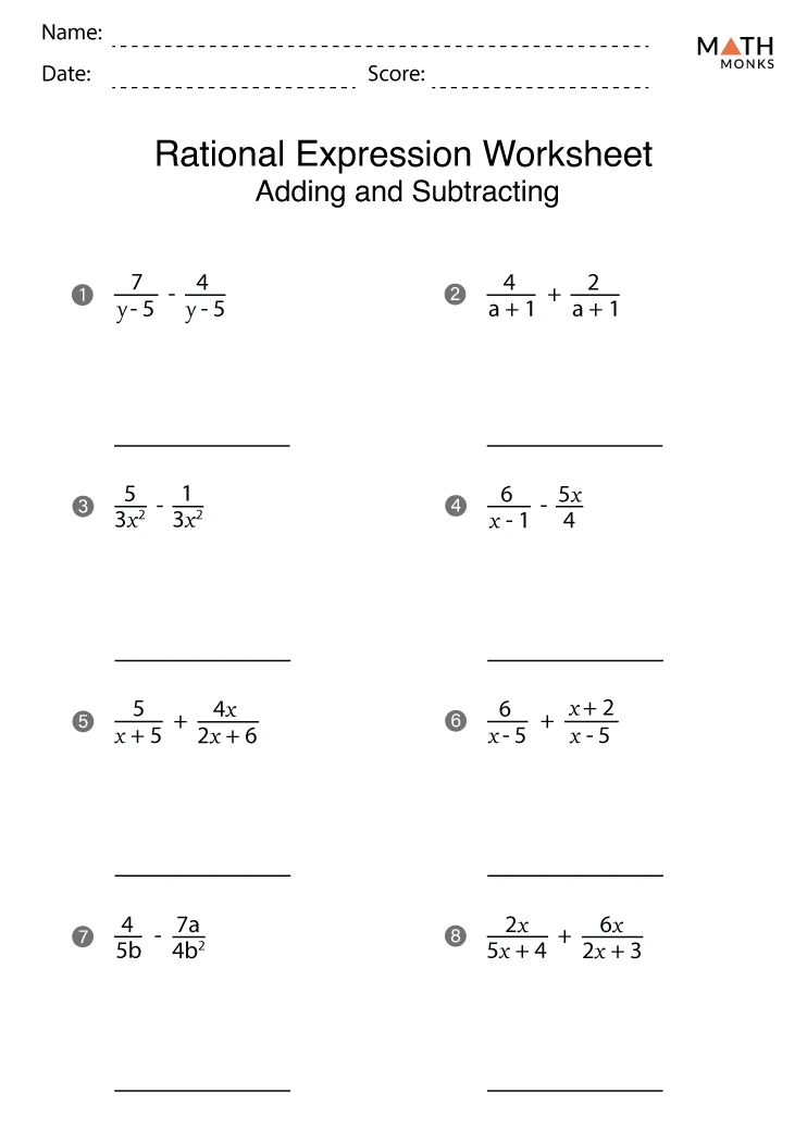 Adding and Subtracting Rational Expressions Worksheets - Math Monks